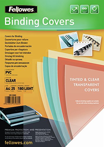 Fellowes Portadas para encuadernar de PVC transparente, formato A4, 180 micras, pack de 25 Fellowes Portadas para encuadernar de PVC transparente, formato A4, 180 micras, pack de 25