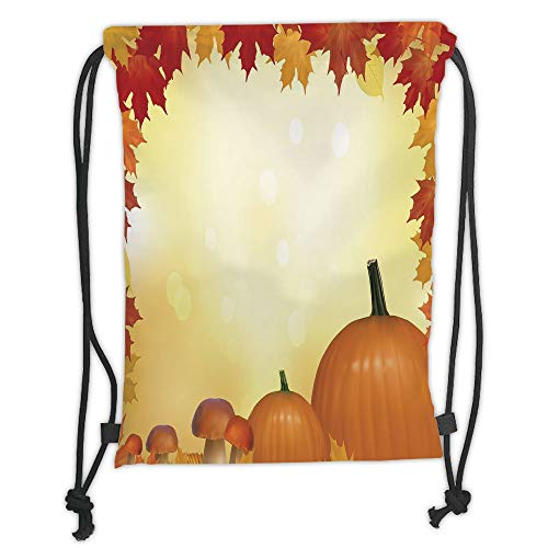 Fevthmii Drawstring Backpacks Bags,Harvest,Mushrooms and Pumpkins with Autumn Tree Leaves Framework Bokeh Effect,Pale Yellow Orange Red Soft Satin,5 Liter Capacity,Adjustable String Closure