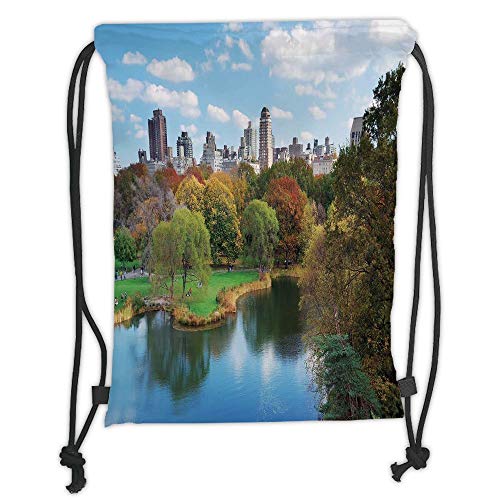 Fevthmii Drawstring Backpacks Bags,New York,Central Park in Autumn with Lake Trees and Manhattan USA American Nature Image, Soft Satin,5 Liter Capacity,Adjustable String Closure,T
