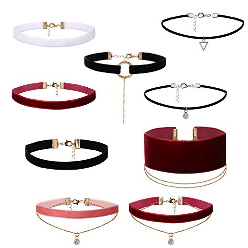 Flongo 9 Piezas Juego De Gargantilla Terciopelo Negro Rojo Choker Chic Collar de Luna Estrella Gargantilla Tatuaje para Chica Mujer Joven, Retro Vintage