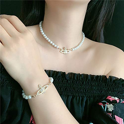 FPOJAFVN Collar Corto Y Pulsera De Perlas De Saturno Clásico Vintage, Collar De Perlas Simuladas con Pulsera, para El Día De San Valentín De Las Mujeres,Oro