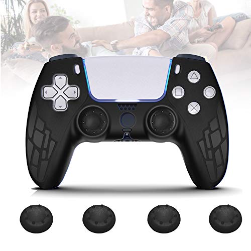 Frusde Funda para Mando PS5, Funda Mando PS5 DualSense de Silicona con 4PCS Tapa del Joystick Cap, Antideslizante Playstation 5 Carcasa Controlador Protectora con 4 PCS Thumb Grip Negro