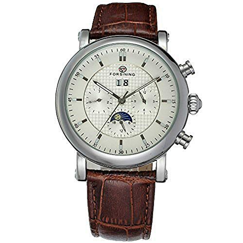 FSG553M3S1 al mejor precio nuevo Forsining automático hombres reloj con fase lunar marrón correa de cuero genuino