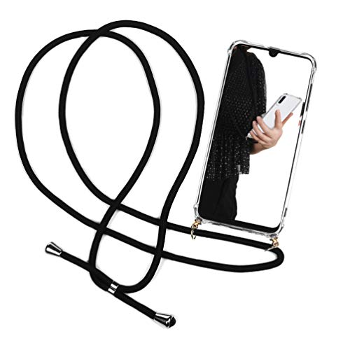 Funda con Cuerda para Samsung Galaxy A70 - Carcasa Samsung A70 de TPU con Colgante Case con Correa Colgante - con Cordon para Llevar en el Cuello en Transparente/Negro