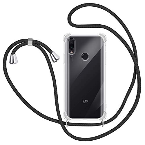 Funda con Cuerda para Xiaomi Redmi Note 7, Carcasa Transparente TPU Suave Silicona Case con Correa Colgante Ajustable Collar Correa de Cuello Cadena Cordón para Xiaomi Redmi Note 7 - Negro