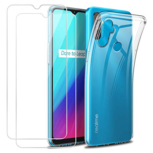 Funda para OPPO Realme C3 con Dos Cristal Templado Protector de Pantalla,Suave Transparente TPU Gel Silicona Protectora Carcasa para OPPO Realme C3 (6,5 Pulgadas)