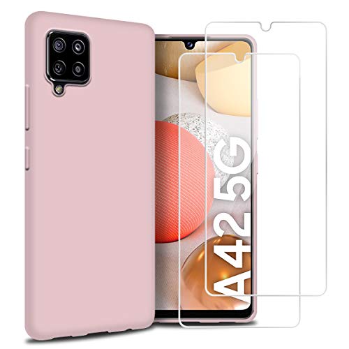 Funda para Samsung Galaxy A42 5G con Dos Cristal Templado Protector de Pantalla, Rose Suave Líquido Silicona Protectora Carcasa para Samsung Galaxy A42 5G