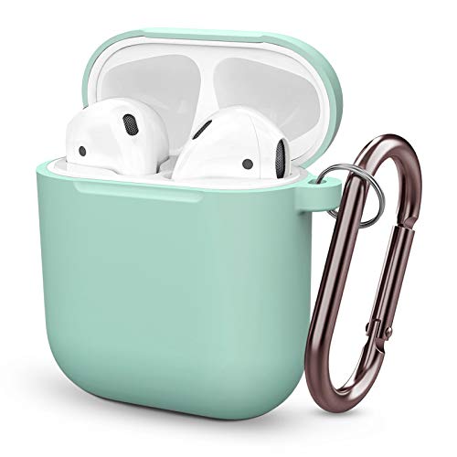 Funda Silicona Compatible con AirPods 2 & 1,Fundas Protectora de Silicona para AirPods Case con Mosquetón - LED Frontal Visible,Soporta Carga Inalámbrica (Verde Agua)