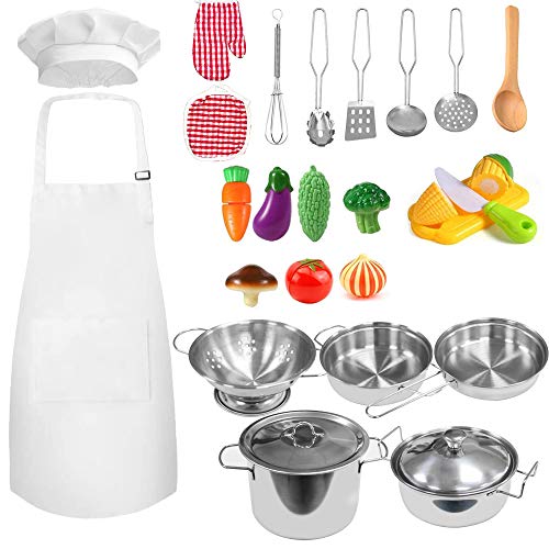 FUQUN 27 Piezas Kitchen Pretend Play Toys Juego de Ollas y Sartenes de Acero Inoxidable, Utensilios de Cocina, Cortando Verduras para Niños