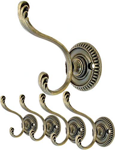 FUXXER® - 4 ganchos antiguos para guardarropa, percheros de sombrero, ganchos de hierro en diseño antiguo de bronce de bronce antiguo, vintage, rústico, retro, juego de 4 unidades, incluye tornillos.