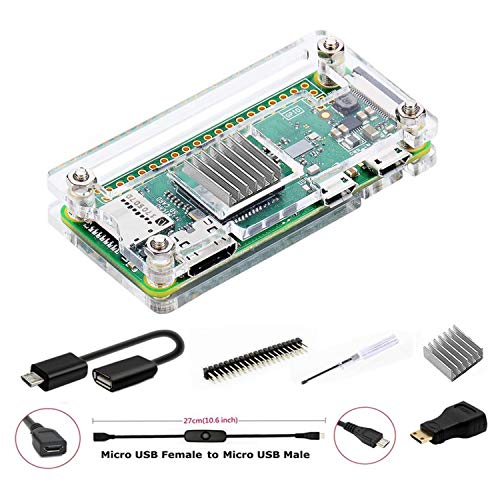 GeeekPi para Raspberry Pi Zero/Zero W Caja, con cabezal GPIO de 20 pines, cable OTG, cable de interruptor, adaptador HDMI, disipador de calor y destornillador (transparente)