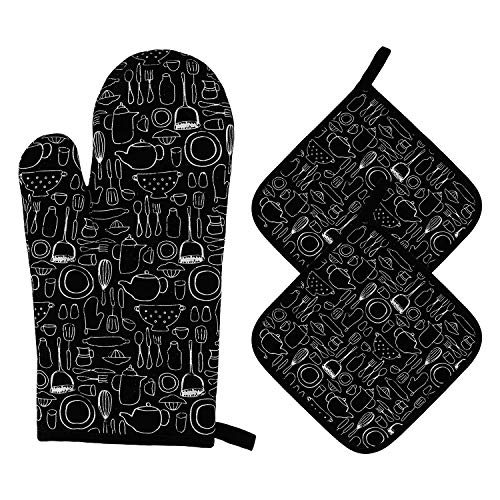 Guantes de Horno Guantes de Cocina de Algodón Resistentes al Calor Guantes de Horno Microondas para Barbacoa, Cocinar, Hornear, 1 Manopla de Horno + 2 Manteles Individuales Aislados (Negro)