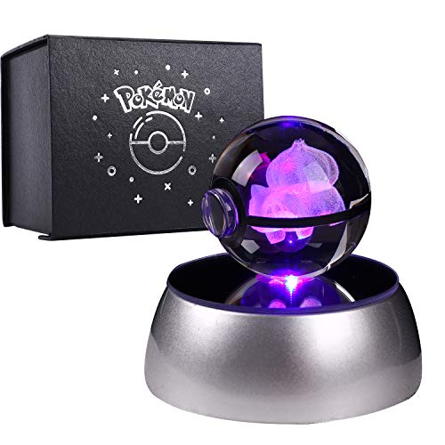Herefun 3D Bola de Cristal Luz Nocturna Lámpara Pokémon Series Laser Engraving Regalo de Navidad Para Niños 50mm Ball Base de Decoloración Automática - Bulbasaur