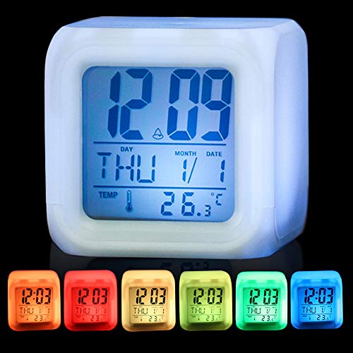 Hmjunboys - Despertador digital con luz led, 7 colores alternantes, fecha, indicador de temperatura, función de repetición, despertador digital, luz nocturna para niños, adultos, niños pequeños