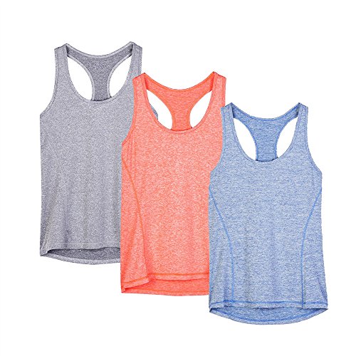icyzone Camiseta de Fitness Deportiva de Tirantes para Mujer, Pack de 3 (XL, Granito/Azul/Naranja)