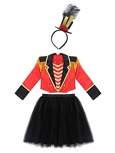 IEFIEL Ropa Niña Disfraz Domadora de Circo para Navidad Carnaval Conjunto de Top y Faldas Camisetas de Directora +Falda Tutú+Diadema Gorra Rojo-Negro 7-8 años