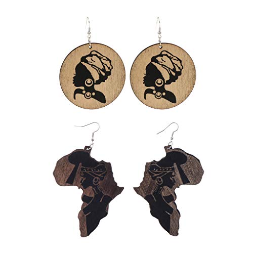 IPOTCH 2 Parejas/Set Elementos Africanos Impresos Pendientes De Gota De Madera Geométrica Mapa De África Cuelga Los Pendientes Joyería De Moda De Las Mujer