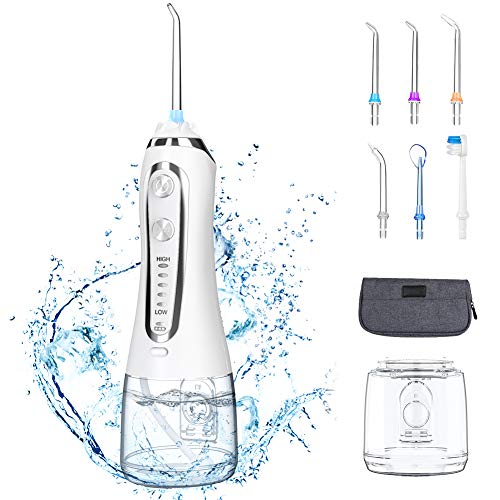 Irrigador Bucal, Irrigador Dental Portátil con 6 Boquillas 5 Modos 300ML, Multifuncional Recargable,Profesional Lavado Pulsado,IPX7 Impermeable,Limpieza Dientes de Ortodoncia y Dientes de Implante