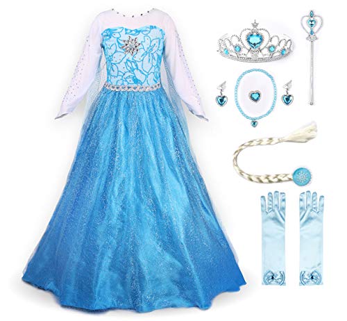 JerrisApparel Fiesta Maxi Vestido de Princesa niña Disfraz Cosplay con Diamante (110cm, Azul con Accesorios)