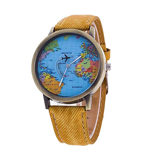 jieGorge Reloj para Mujer, Reloj de cinturón Retro de Moda, Reloj de Mapa de Segunda Mano de avión, Unisex, Joyas y Relojes (Amarillo)