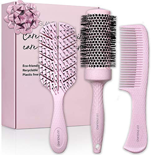 Juego de cepillos de pelo ecológicos para mujeres y niñas - Cepillo de paleta, cepillo redondo y peine sostenible de regalo de Lily England - Rosa