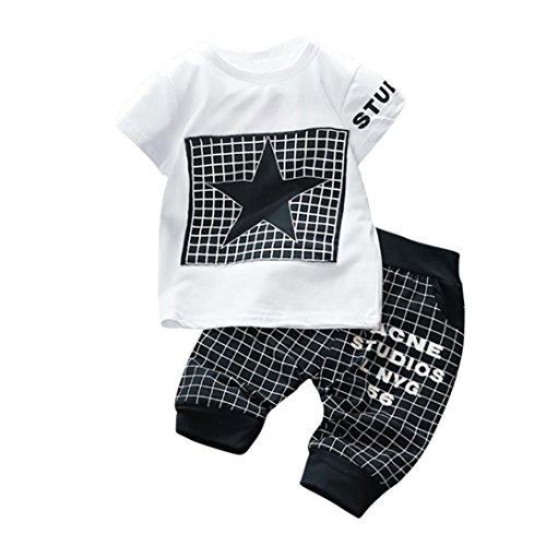 K-youth Conjuntos Bebé Niño, Ropa Recién Nacidos Bebe Niño Camiseta Mangas Cortas Enrejado Estrellas Cartas Estampado Tops y Pantalones Verano Ropa Conjunto (Negro, 0-6 Meses)