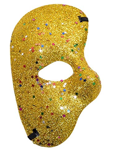 KIRALOVE Media máscara Facial - Fantasma de la ópera - Coloreada con Brillo - Disfraz - Carnaval - Halloween - Cosplay - Color Dorado Glitter Cosplay