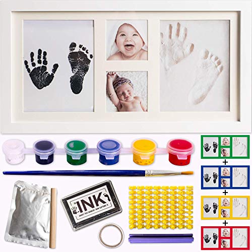 Kit de marco para huellas de bebe de Arcilla y Tinta-molde de letras y numeros con 6 tintas y pincel.Marco fotos bebe de madera y cristal acrilico.Ideal regalos y bautizo.Quickly Smile