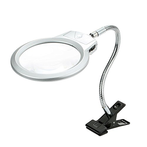 KKmoon, Lupa de Lectura con manguera de metal y abrazadera, Lupa Iluminadora LED 2.5X (107mm), 5X (24mm), color plateado