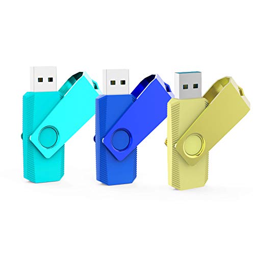 KOOTION Memorias USB 64GB 3.0 USB Pendrive 64 Gigas Flash Drive 64GB 3 Piezas Lote Pincho USB Pack de 3 Unidades Pen Drive Giratorio de Alta Velocidad, Oro, Azul Claro y Azul Oscuro