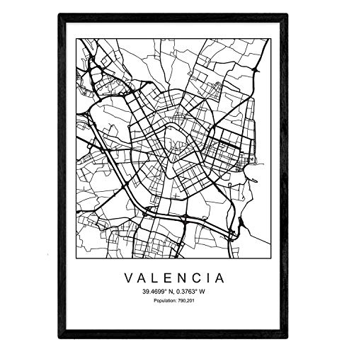 Lámina mapa de la ciudad Valencia estilo nordico en blanco y negro. Poster tamaño A3 Enmarcado con marco negro Impreso papel 250 gr. Cuadros, láminas y posters para salon y dormitorio