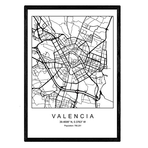 Lámina mapa de la ciudad Valencia estilo nordico en blanco y negro. Poster tamaño A3 Enmarcado con marco negro Impreso papel 250 gr. Cuadros, láminas y posters para salon y dormitorio Lámina mapa de la ciudad Valencia estilo nordico en blanco y negro. Poster tamaño A3 Enmarcado con marco negro Impreso papel 250 gr. Cuadros, láminas y posters para salon y dormitorio