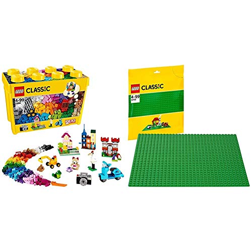 LEGO Classic - Caja de Ladrillos creativos Grande, Set de Construcción con Ladrillos de Colores + Base de Color Verde, Juguete de Construcción Que Mide 25 centímetros de Lado