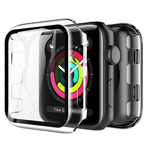 LK Compatible con Apple Watch Series 3 Series 2 Series 1 42mm Protector de Pantalla,2 Pack,PC Funda, Cristal Vidrio Templado