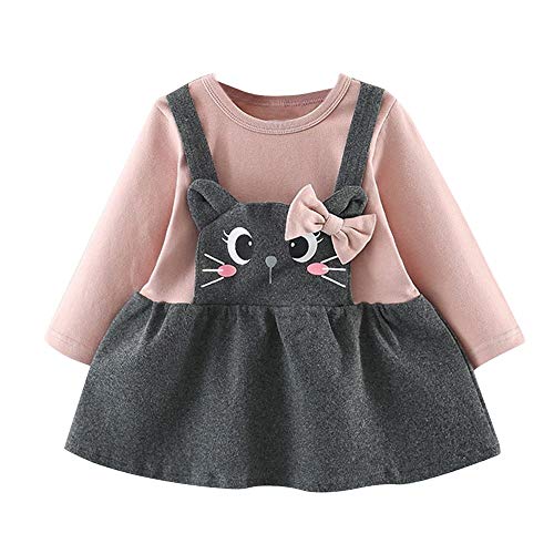 Logobeing Ropa Bebe Niña Manga Larga Arco de Dibujos Animados Gato Impresión Fiesta Princesa Vestido Tops Vestido de Fiesta Princesa (3-6 Mes, Rosado)