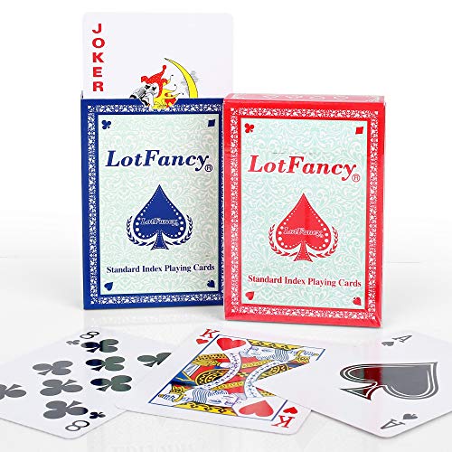 LotFancy 2 Barajas Cartas Poker Clásica, Standard Tamaño Playnig Cards por el Blackjack, Euchre, Los Corazones, Incluso al Solitario (Azul & Rojo)