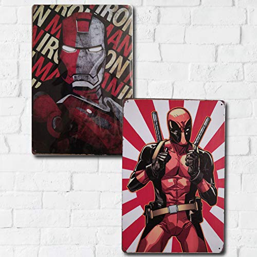 MARQUISE & LOREAN Placas Decorativas Pared Marvel Deadpool | Ironman | Thor | Decoración Carteles Vintage Metálicos MIRA (Pack Deadpool + Ironman, 20 x 30 cm)
