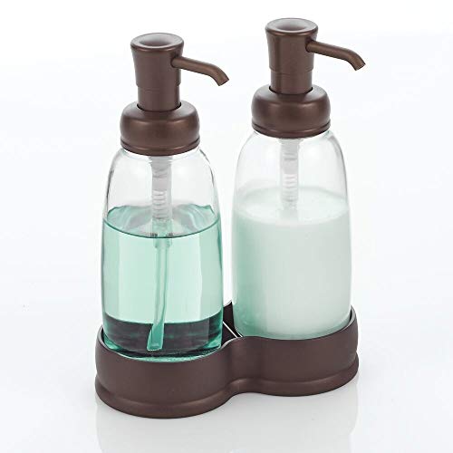 mDesign Dispensador doble de jabón – Elegantes dosificadores de baño en vidrio – Dosificador de jabón, loción y crema de manos recargable – transparente y bronce