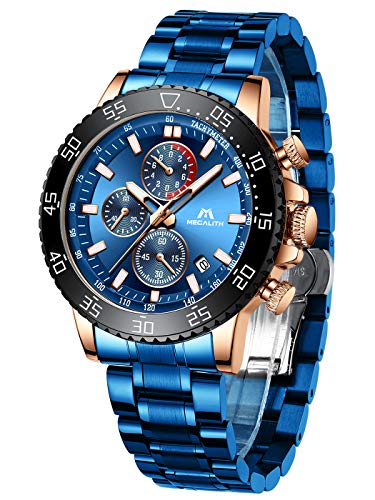 MEGALITH Relojes Hombre Reloj Cronografo Grande Elegante Azul Acero Inoxidable Impermeable Relojes de Pulsera Deportivos Analogicos Luminosos Fecha