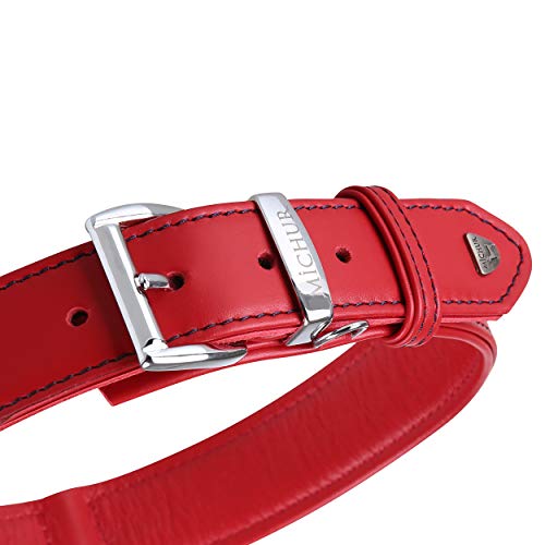 MICHUR Classica Collar de Cuero para Perros, Cuello, Rojo con Costuras Azules y un Anillo para la Placa de identificación, Cuero, Disponibles en Diferentes tamaños, 62cm