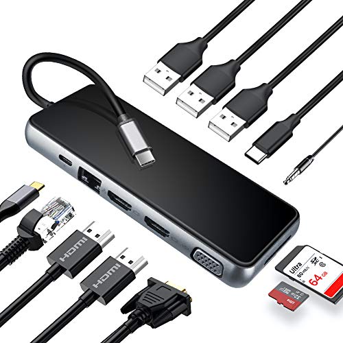 Miden Hub USB C, 12 en 1 Adaptador USB C con Triple Display Dual HDMI 4K,VGA, Ethernet, 3 Puertos USB 3.0, PD 3.0, Lector Tarjeta SD/TF USB C Hub para Mac, XPS y Tipo C Dispositivos (Thunderbolt 3)