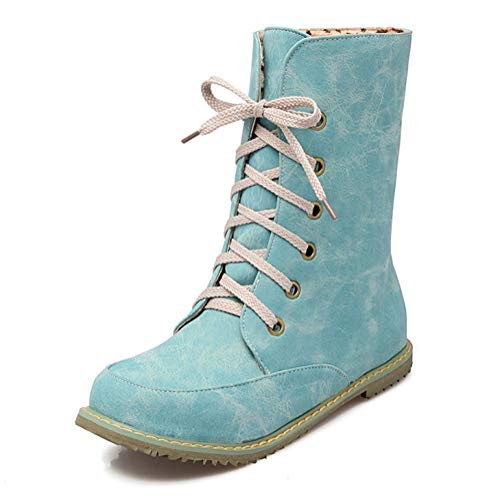 Minetom Mujer Otoño Invierno Cálido Peluche Forrada PU Cuero Botas de Moto Antideslizante Confort Punta Redonda Pisos Zapatos con Cordones Chelsea Boots Azul EU 45