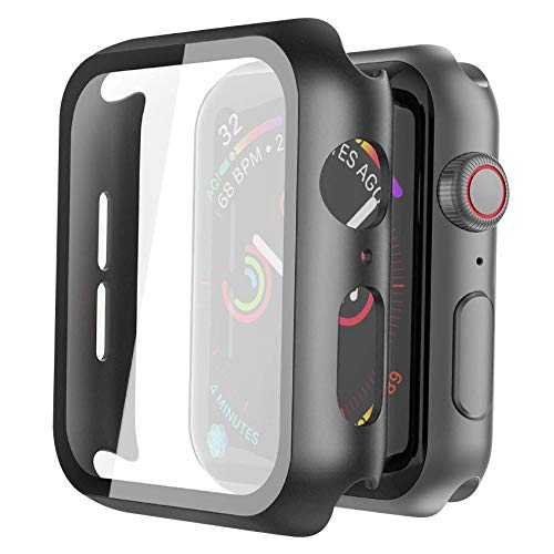 Misxi Negro Funda Apple Watch Serie 6 / SE/Series 5 / Serie 4 44mm con Protector de Pantalla Cristal Templado [2-Piezas], HD Protección Completa Carcasa para iWatch - Negro