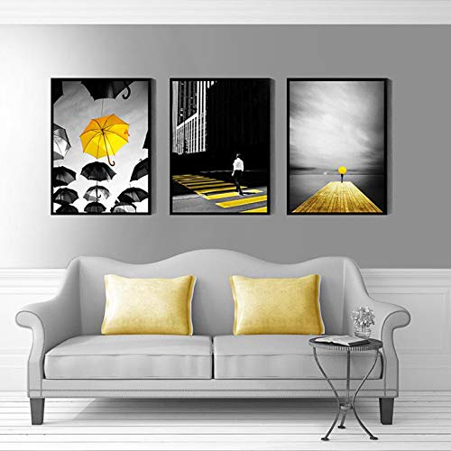 mmwin Pintura Decorativa Blanco y Negro Paisaje Amarillo Paraguas decoración de la Carretera Pintura nórdica Simple t 30 * 40 cm * 3