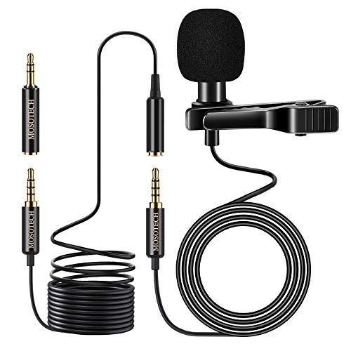 MOSOTECH Microfono de Solapa,3.5mm Profesional Condensador Lavalier Micrófono con 2m Cable de Extensión, Corbata Micro para Grabación Entrevista/Videoconferencia/Podcast/Youtuber/Phone