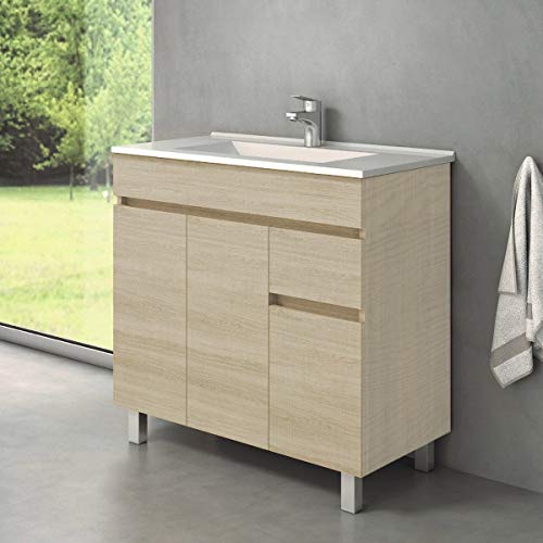 Mueble de baño con Lavabo de Porcelana - 2 o 3 Puertas y un Cajón amortiguado - El Mueble va MONTADO - Modelo Clif (80 cms, Taiga)