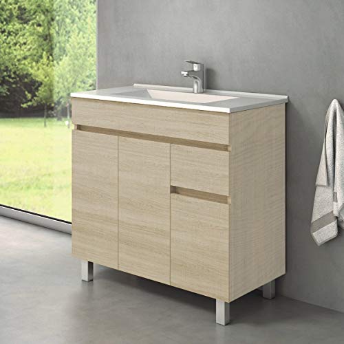 Mueble de baño con Lavabo de Porcelana - 2 o 3 Puertas y un Cajón amortiguado - El Mueble va MONTADO - Modelo Clif (80 cms, Taiga) Mueble de baño con Lavabo de Porcelana - 2 o 3 Puertas y un Cajón amortiguado - El Mueble va MONTADO - Modelo Clif (80 cms, Taiga)