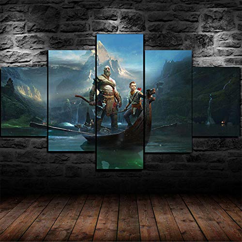 Murosn Impresiones sobre Lienzo,Modular Decoración De Pared Póster,5 Piezas Cuadro, God of War Kratos Gaming,con Marco,-150 * 80cm