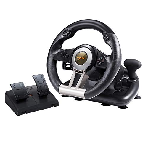MXMYFZ Volante de Juego USB, simulador de automóviles de Carreras con Pedal, PC/PS/X Caja/Interruptor Compatible,Negro