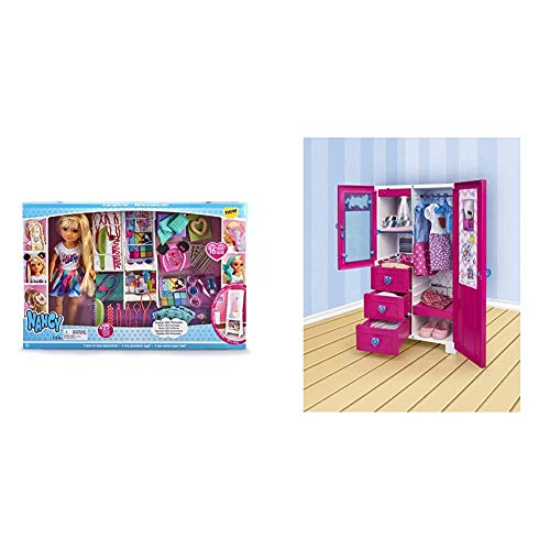 Nancy - Espejo 1001 Peinados, Muñeca con Armario, Espejo y Accesorios de Peluquería, para Niños y Niñas a Partir de 3 Años, Multicolor (Famosa 700015131) + Armario De Ensueño con Luz y Perchas